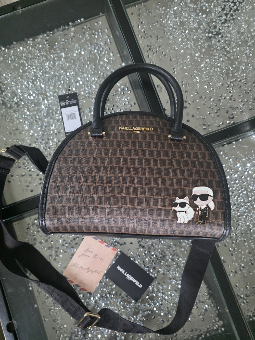 Karl Lagerfeld Brown Monogram Dome Purse with Icon Patch. Unique.NWT